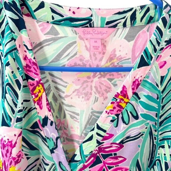 Lilly Pulitzer M Rosaline Wrap‎ Dress Tropical Floral Aqua Purple Asymmetrical - Picture 4 of 10